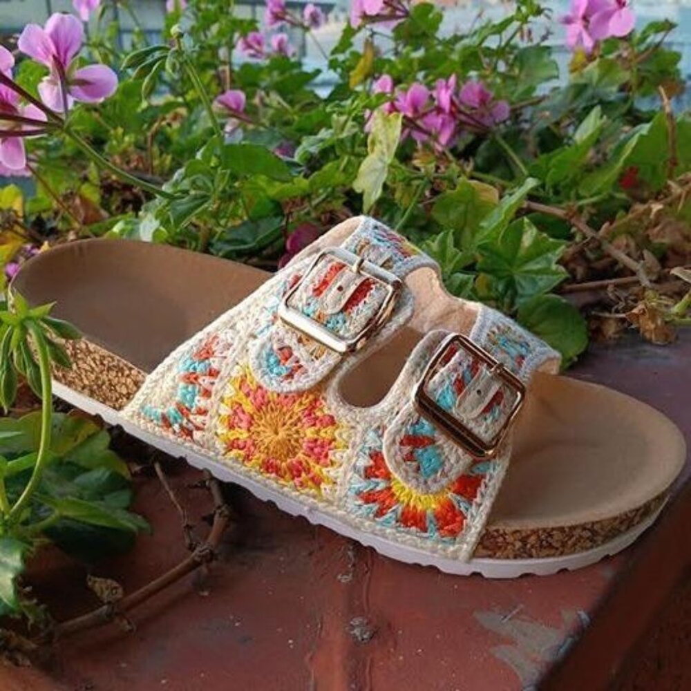 Crochet Beige  Multicolor Double Buckle Cork  Sandals Shoe Footwear